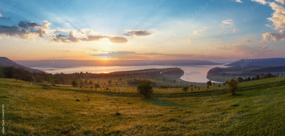 Bakota ( is a historic submerged settlement) sunrise misty spring view ( Khmelnytskyi Oblast, Ukraine)