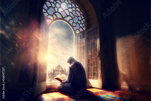 a muslim man praying in mosque, ramdan, islamic background, Generative AI