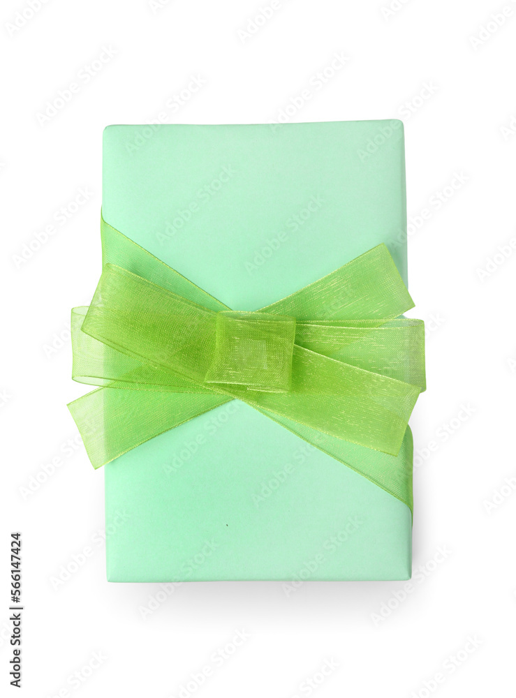 Gift box with green ribbon on white background Gift box with green ribbon on white background