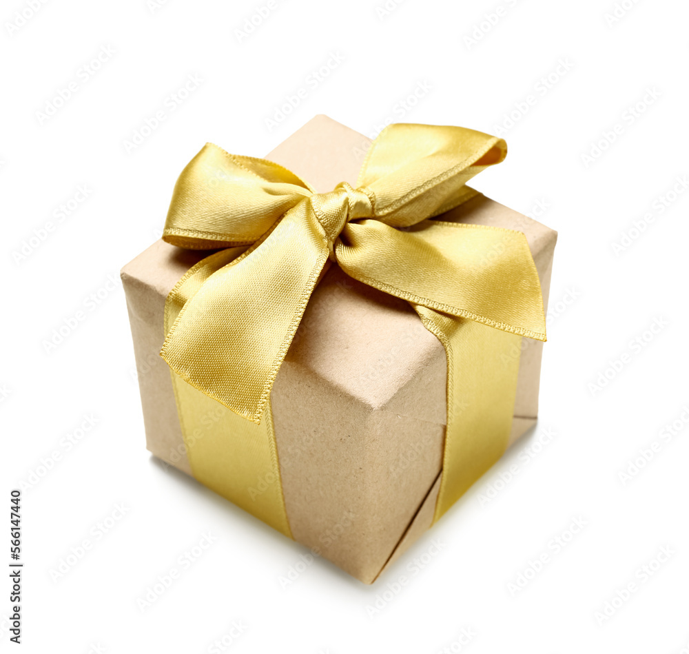 Gift box with golden bow isolated on white background Gift box with golden bow isolated on white background