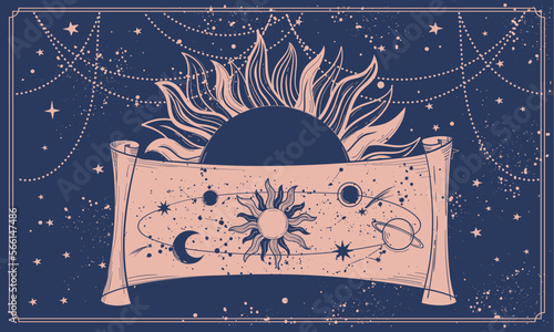 Astrological celestial banner for the zodiac, tarot. Mystical map of the universe with symbols of planets, sun and moon, witch vector vintage illustration.