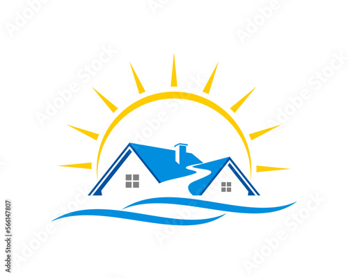 House roof with sun rise above logo