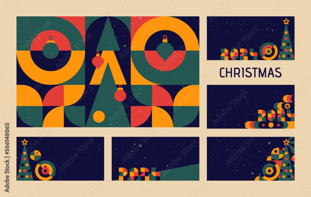 Christmas Bauhaus geometric set. New year geometric design shapes with noise.