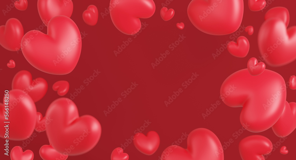 Valentine's day concept design of hearts on red background with copy space 3d render