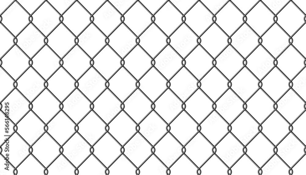 Realistic metal wire chain link fence seamless pattern. Steel lattice with  rhombus, diamond shape. Grid fence background. Prison wire mesh seamless  texture. Vector illustration on white background. Stock Vector