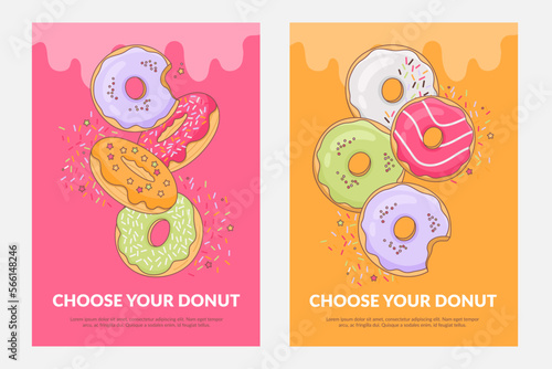 Dessert donuts with icing and sprinkles. Sweet pastries, colorful glazed donuts on bright backgrounds. Can be used as banner or poster for cafe, bakery. Vector