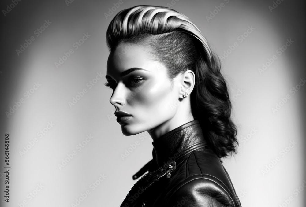 Beautiful fashionable woman in leather jacket. AI generate image.
