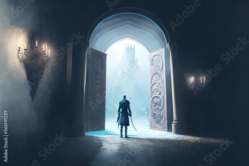 man with spear standing in front of the hallway leading to the mysterious castle  digital art style  illustration painting