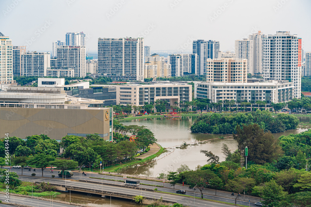 Ho Chi Minh city, Vietnam - 20 Jan 2023: The view on the high-rise building sees Phu My Hung in District 7, one of the best places to live in Ho Chi Minh City with many amenities and apartments around