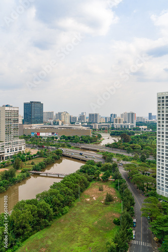 Ho Chi Minh city, Vietnam - 20 Jan 2023: The view on the high-rise building sees Phu My Hung in District 7, one of the best places to live in Ho Chi Minh City with many amenities and apartments around