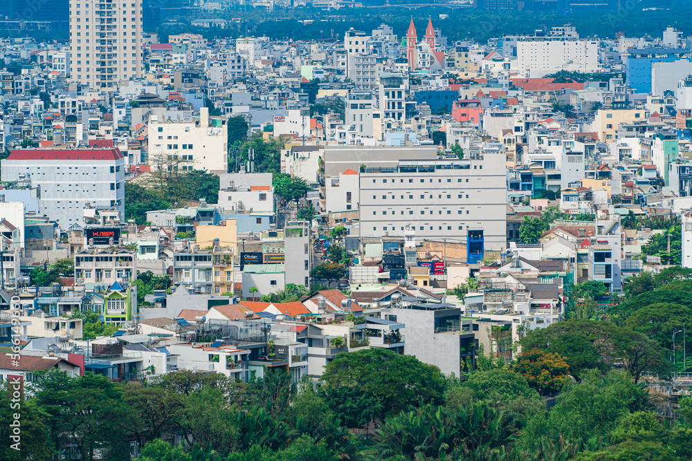 Ho Chi Minh city, Vietnam - 20 Jan 2023: View from District 7 to the city center. See Bitexco tower and Landmark 81, IFC One,... famous towers in Vietnam. One of the developed cities in Vietnam.