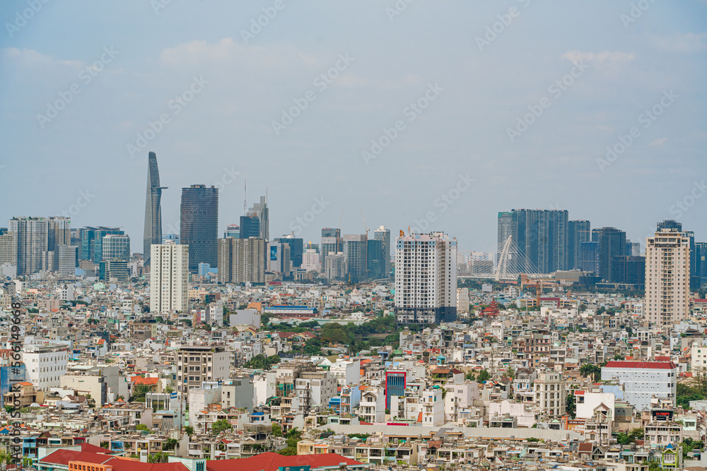 Ho Chi Minh city, Vietnam - 20 Jan 2023: View from District 7 to the city center. See Bitexco tower and Landmark 81, IFC One,... famous towers in Vietnam. One of the developed cities in Vietnam.