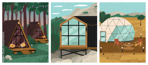 Glamping and camping in nature, vector posters set. Luxury a-frame house, glass and bubble houses for recreation outdoors. Travel ourdoor and adventure concept photo