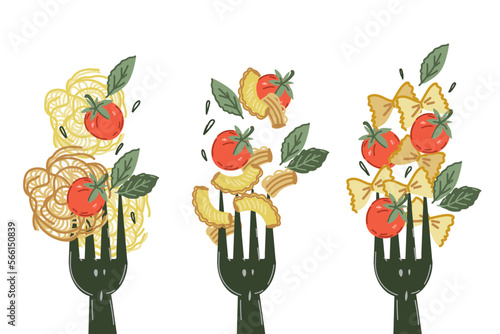 Pasta of different types on forks, vermicelli, farfalle and rigatoni pasta with basil and tomato, hand drawn flat vector Illustration on white background for Italian cuisine and pasta packaging.