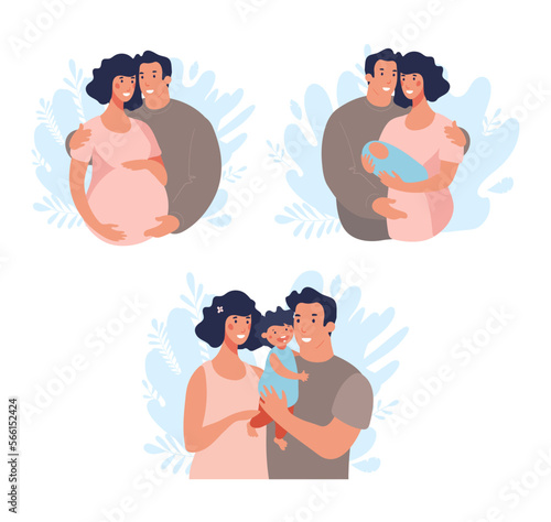 Pregnant woman with husband and newborn baby set, parenthood and motherhood. The concept of pregnancy, family, medical care, advice to young parents. Flat vector illustration.