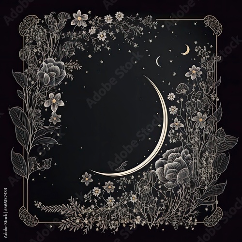 boho frame with flowers, celestial trendy linear style, mystical borders, line art, vector, moon, filagree, dark background