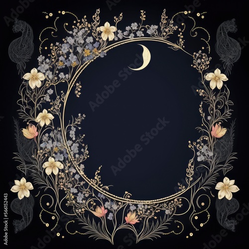 boho frame with flowers, celestial trendy linear style, mystical borders, line art, vector, moon, filagree, dark background