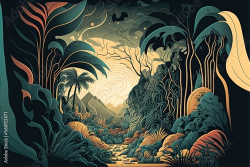 psychic wave stylised illustration of jungle  film grain  grain   retro colors  3d elements