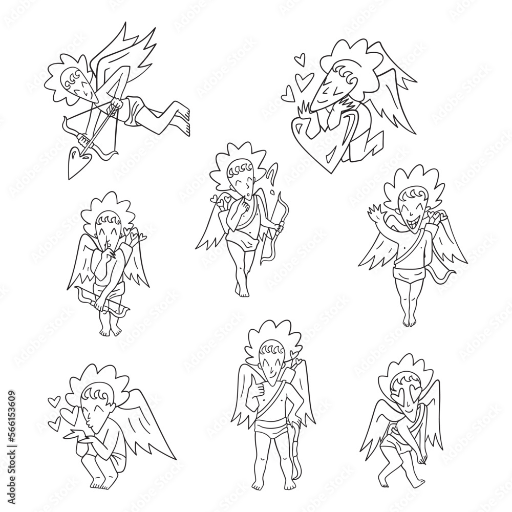 Set of isolated thin line Cupid illustrations. Valentine's day icons. 8 hand drawn collection of angels of love. Set of isolated thin line Cupid illustrations. Valentine's day icons. 8 hand drawn collection of angels of love.