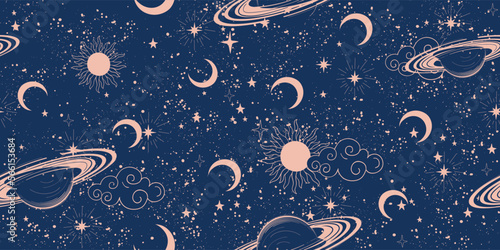 Seamless space pattern with planets, sun and clouds on a blue starry background, boho moon ornament. Mystical heavenly banner for astrology, zodiac, fabric. Vector illustration.