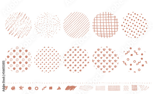 シンプルでおしゃれな北欧風てがきの模様やパターン・柄のあしらいセット_ベクター素材_赤茶色_丸_文字なし