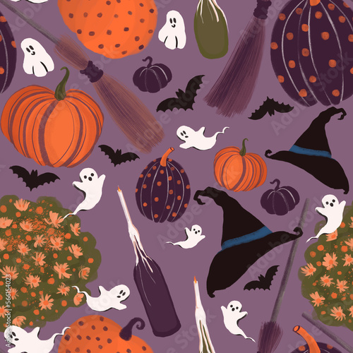 Halloween seamless pattern with funny pumpkins, hats, ghost, flowers, brooms and candles . Beautiful digital background for decoration halloween designs. 300 DPI