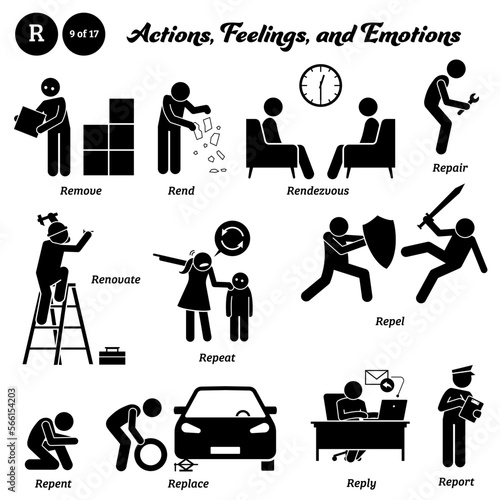 Stick figure human people man action, feelings, and emotions icons alphabet R. Remove, rend, rendezvous, repair, renovate, repeat, repel, repent, replace, reply, and report.