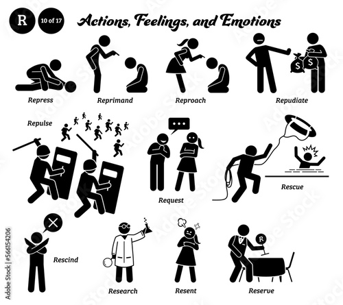 Stick figure human people man action, feelings, and emotions icons alphabet R. Repress, reprimand, reproach, repudiate, repulse, request, rescue, rescind, research, resent, and reserve.
