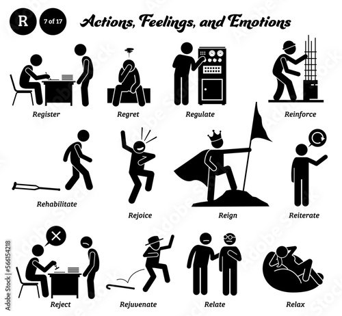 Stick figure human people man action, feelings, and emotions icons alphabet R. Register, regret, regulate, reinforce, rehabilitate, rejoice, reign, reiterate, reject, rejuvenate, relate, and relax.