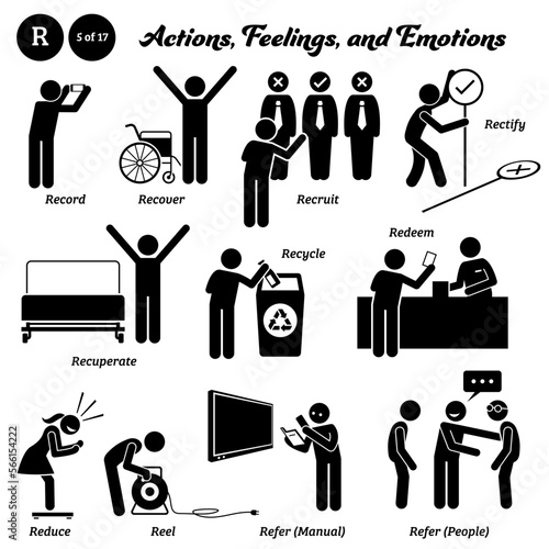 Stick figure human people man action, feelings, and emotions icons alphabet R. Record, recover, recruit, rectify, recuperate, recycle, redeem, reduce, reel, refer manual, and people.