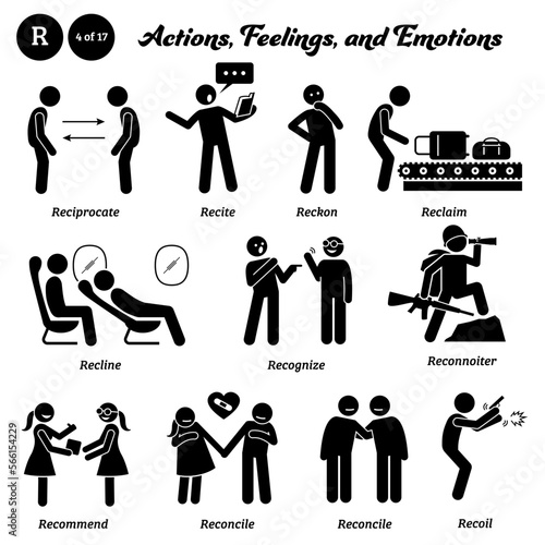 Stick figure human people man action, feelings, and emotions icons alphabet R. Reciprocate, recite, reckon, reclaim, recline, recognize, reconnoiter, recommend, reconcile, and recoil.