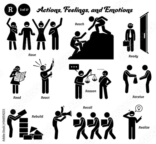 Stick figure human people man action, feelings, and emotions icons alphabet R. Rave, reach, ready, read, react, reason, receive, rebuild, recall, and realize.