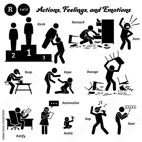 Stick figure human people man action, feelings, and emotions icons alphabet R. Rank, ransack, rant, rasp, rape, ravage, ratify, rationalize, rattle, rap, and rate.