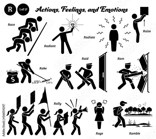 Stick figure human people man action, feelings, and emotions icons alphabet R. Race, radiant, radiate, raise, rake, raid, ram, rally, rage, and ramble.
