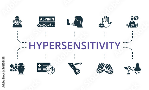 Hypersensitivity icon set. Monochrome simple Hypersensitivity icon collection. Dermatitis, Aspirin, Asthma, Cyanosis, Diarrhea, Drug Allergy, Allergy Card, Allergy Shots, Cracked Skin, Allergic