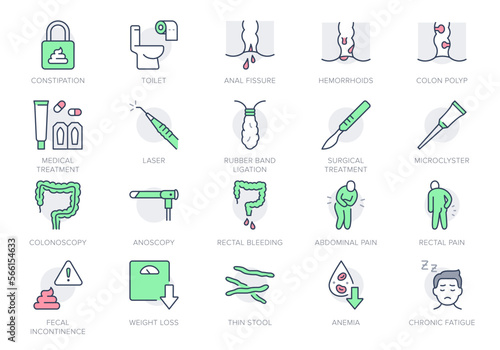 Proctologist line icons. Vector illustration include icon - toilet paper, colon, polyp, suppositories, anal fissure outline pictogram for hemorrhoids symptoms. Green and Red Color, Editable Stroke
