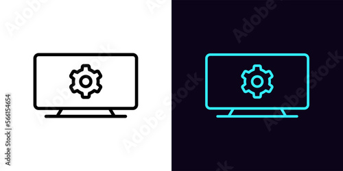 Outline television icon, with editable stroke. TV screen frame with gear sign, television settings pictogram. Broadcast video setting control, display adjustment, tv channel configuration.