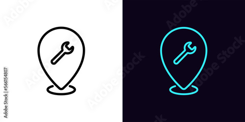 Outline repair pointer icon, with editable stroke. Map pin frame with wrench sign, service location marker pictogram. Repair point, restore work landmark, maintenance place.
