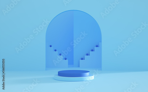 Empty podium or pedestal display on blue background with cylinder stand concept. Blank product shelf standing backdrop. 3D rendering. Minimal scene for product display presentation.