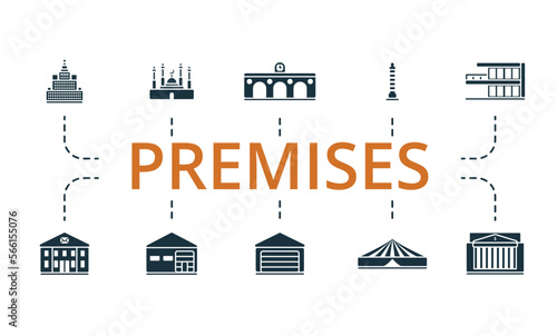 Premises icon set. Monochrome simple Premises icon collection. Municipal, Mosque, Railway Station, Lighthouse, Villa, Post Office, Warehouse, Garage, Circus, Bank icon