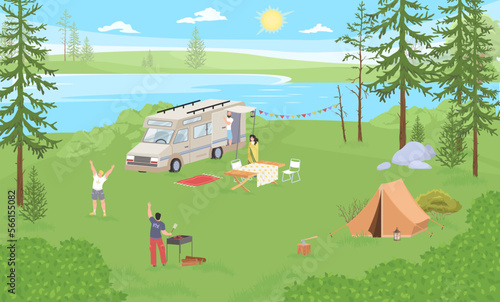 Friends at campsite vector traveling on weekend