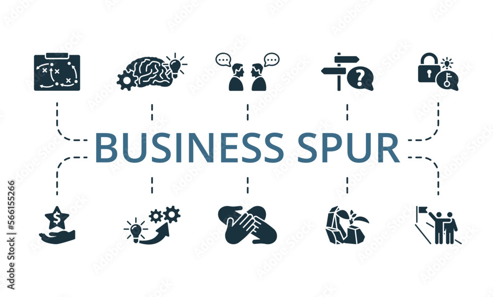 Business Spur icon set. Monochrome simple Business Spur icon collection. Tactics, Brain Storm, Communication, Solution, Problem Solving, Opportunity, Realization, Team Spirit, Persistence, Keep Going Business Spur icon set. Monochrome simple Business Spur icon collection. Tactics, Brain Storm, Communication, Solution, Problem Solving, Opportunity, Realization, Team Spirit, Persistence, Keep Going