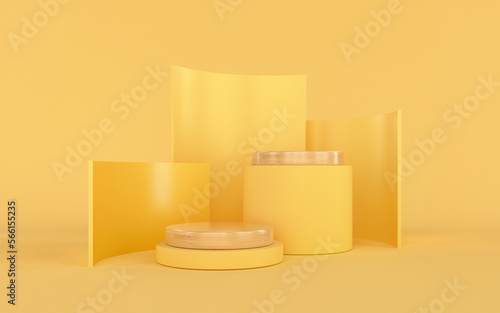 Empty podium or pedestal display on yellow background with cylinder stand concept. Blank product shelf standing backdrop. 3D rendering. Minimal scene for product display presentation.