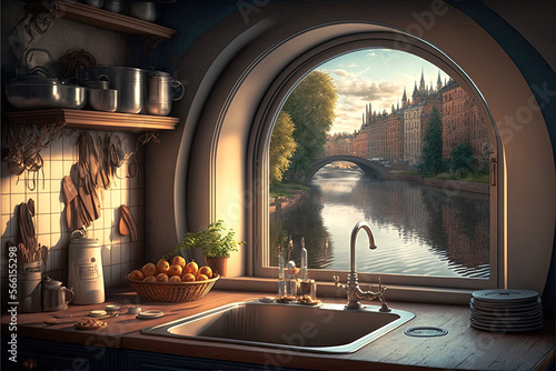 Rustic kitchen with a view over a river. Generative AI