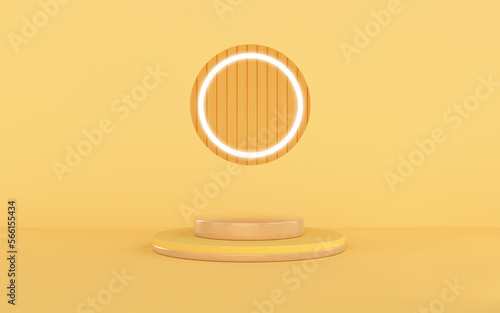 Empty podium or pedestal display on yellow background with cylinder stand concept. Blank product shelf standing backdrop. 3D rendering. Minimal scene for product display presentation.