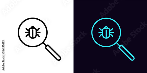 Outline magnifier icon, with editable stroke. Magnifying glass frame with bug sign, vulnerability search. Program code debug, error scan, virus detect, cyber attack, find security threat.