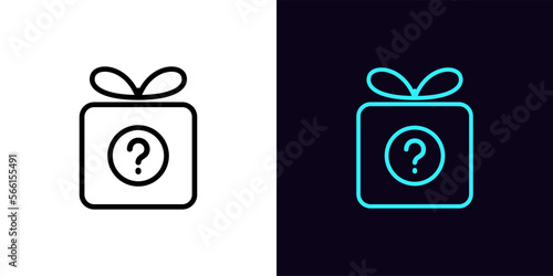 Outline gift box icon, with editable stroke. Gift box frame with question sign, secret present pictogram. Unknown surprise, puzzle gift, mystery present, bonus prize and giveaway.