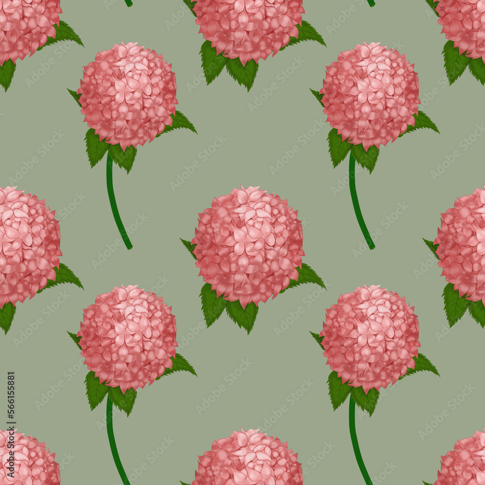 Pink hydrangeas on light green background. Seamless pattern Pink hydrangeas on light green background. Seamless pattern