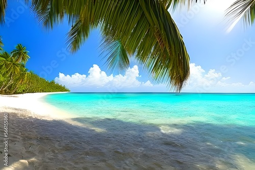 Beautiful beach with white sand  turquoise ocean  blue sky with clouds and palm tree over the water on a Sunny day  Maldives  perfect tropical landscape. Crystal clear water  sun shining bright  gentl