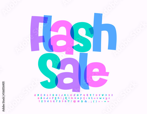 Vector colorful banner Flash Sale. Bright handwritten Font. Funny Alphabet Letters and Numbers.